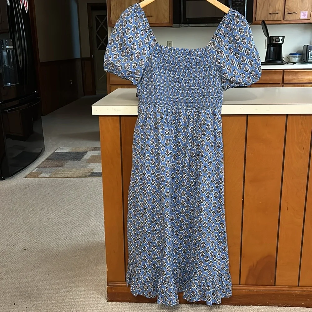 J. Crew 100% Cotton Blue Floral Smocked Bodice Midi Dress Cottagecore Puff